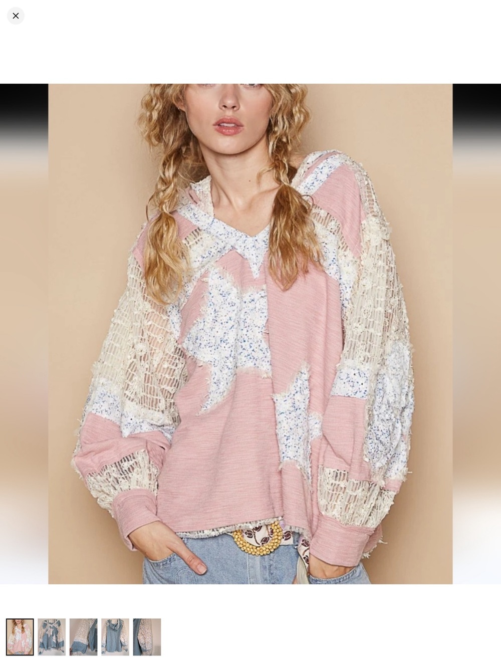 POL Pink Star Crochet Sleeve Pullover Hoodie